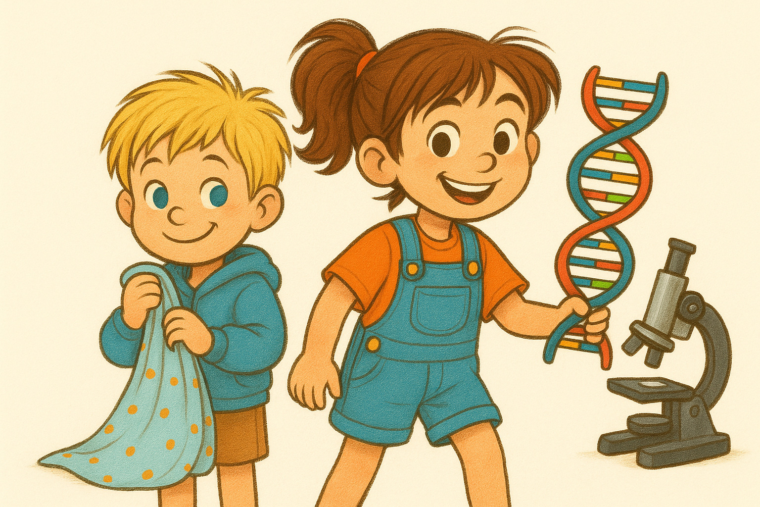 Maggie with her magnifying glass and Tommy with his blue blanky